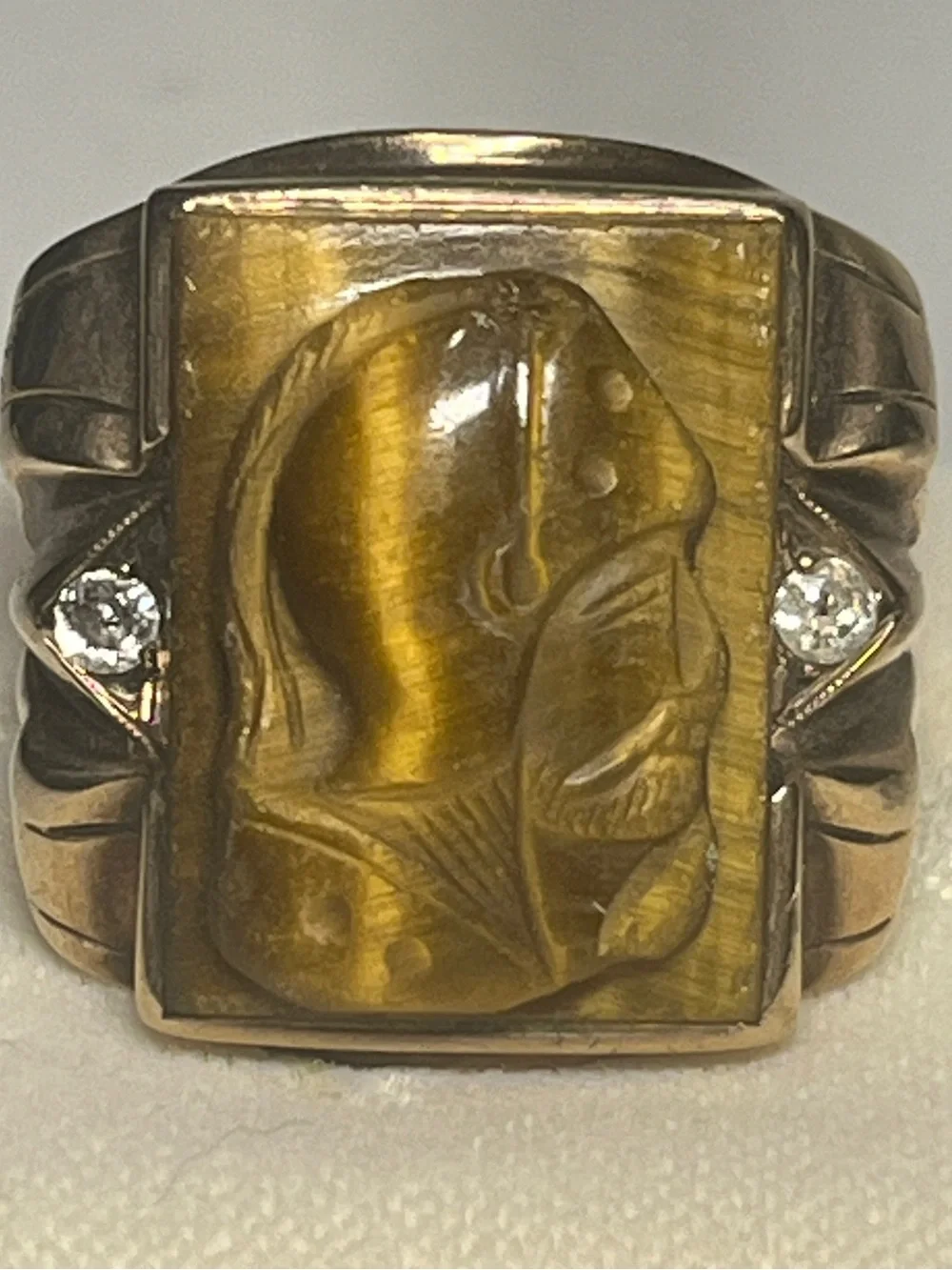 Men’s 10k Gold Tigers Eye Ring Flanked by Round Diamonds | Cameo Ring | Size 13